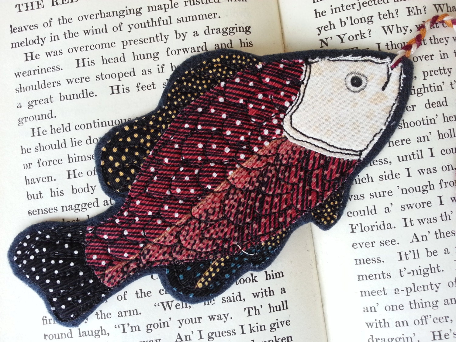 Fathers Day  Fish Bookmark red black gold Fabric Quilted