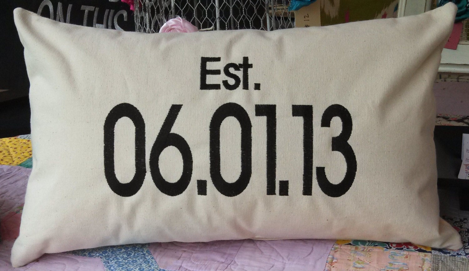 Wedding Date Personalized Pillow Cover 12" x  20" Natural Colored Cotton Fabric with Black Embroidery