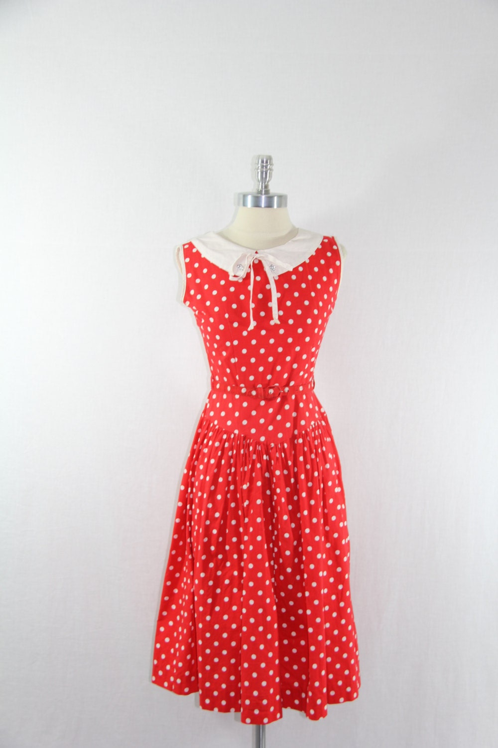 1950s Cotton Dress - Vintage Red with White Polka Dots Summer Frock
