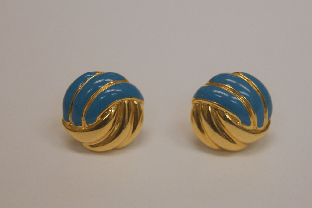 Vintage Gold Tone and Teal Pierced Earrings