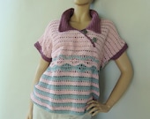 Crochet Top - Striped Pink Cotton/Linen Pullover, M/L