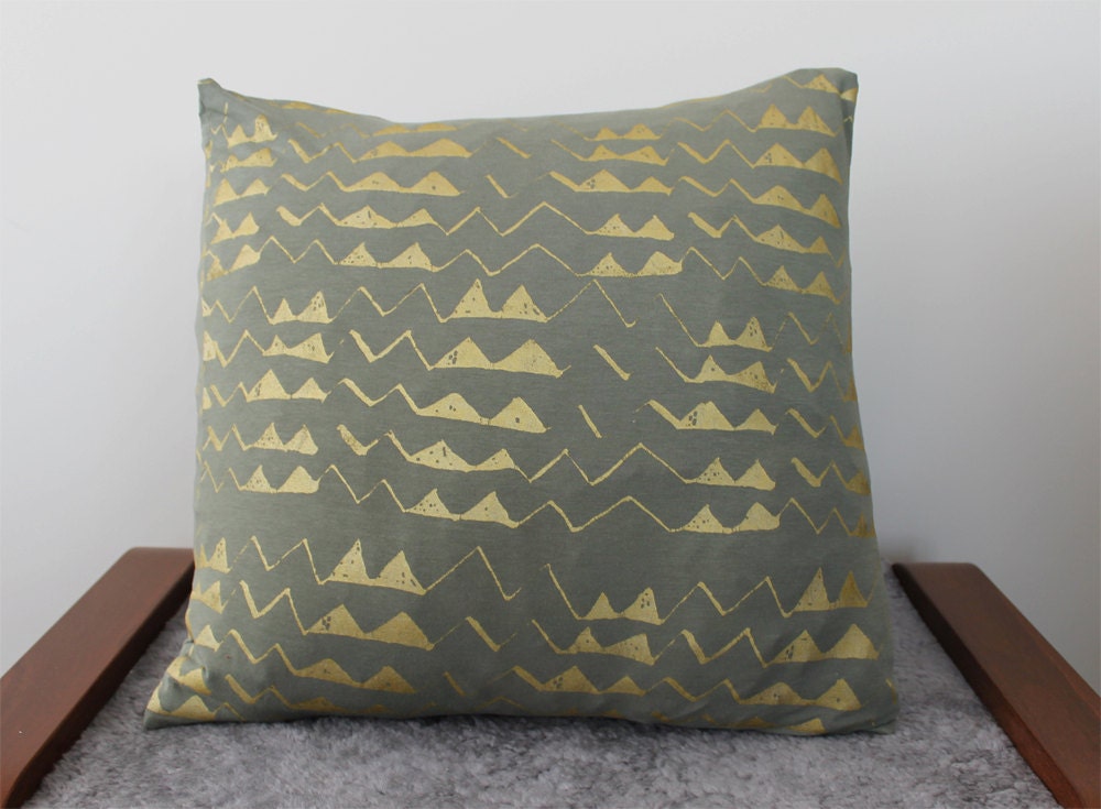 Hand Printed 'Mountain' Pillow in Gold on Fern