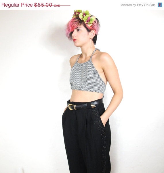 20% OFF VACATION SALE 80s Fancy Embroidered Tapered Black Wool High Waist Pants(S/M)