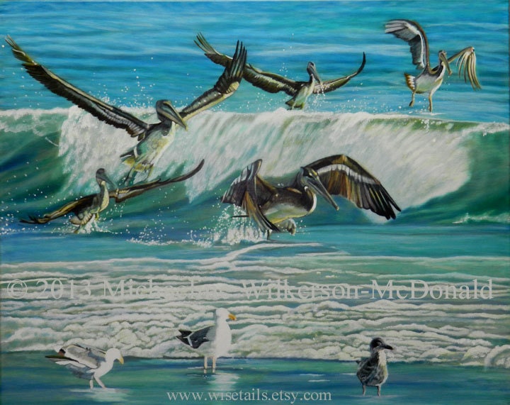 Ocean painting with pelicans and seagulls by Michaeline Wilkerson-McDonald