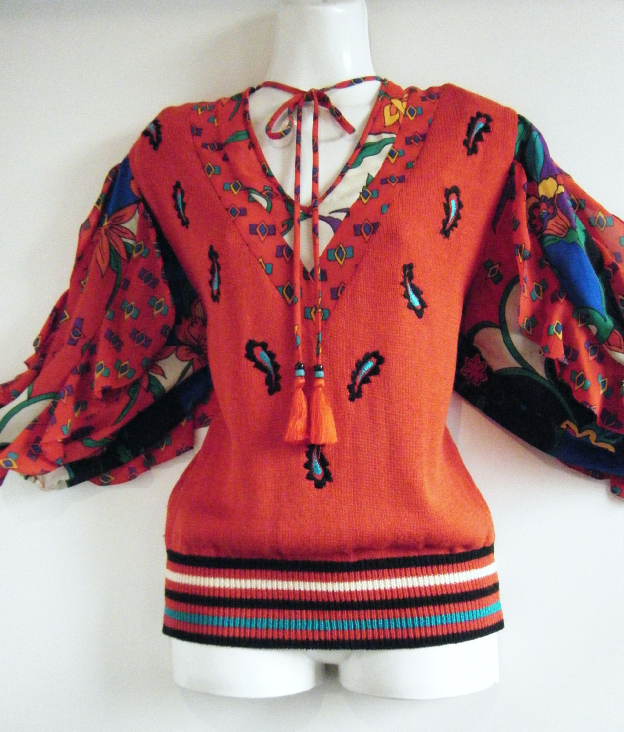 80s DIANE FREIS dress / paisely and floral knit sweater and skirt set, size m