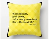 Decorative Throw Pillow 20x20 Sunny Yellow with black trim - Mark Twain quote old typewriter font