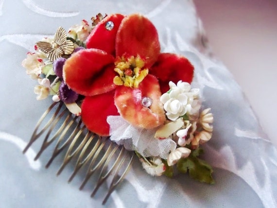 red velvet flower hair comb "Mother Nature"