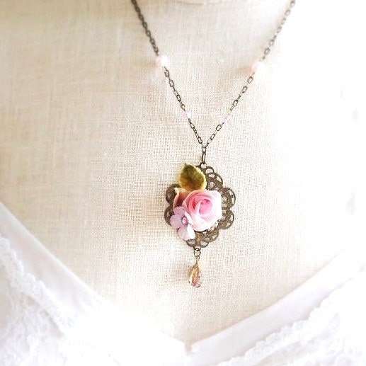 Pink ribbon rose Victorian pendant necklace