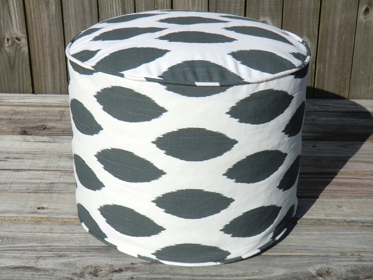 Ikat pouf ottoman, round ottoman 18", grey ikat pouf,bean bag chair, pouffe, charcoal floor cushion, grey floor pouf