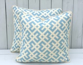 Ice blue trellis pillow cover, blue throw cover in 18x18, pillow with piping, imperial trellis pillow, fretwork pillow