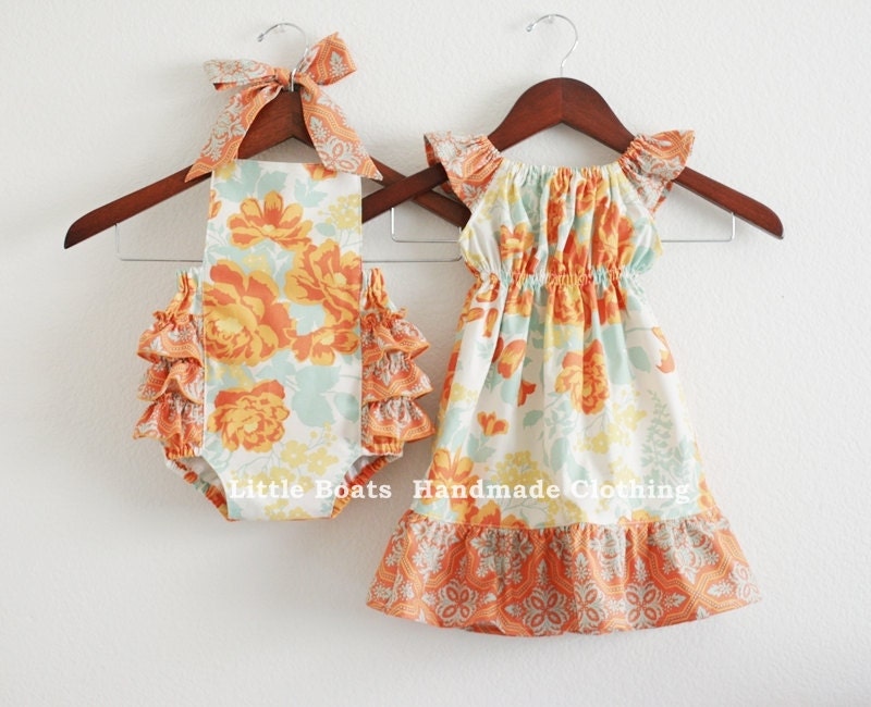 TWO piece Matching Sibling SET - Big sister Flutter Dress and Little sister Sunsuit / Heirloom