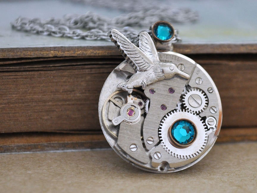 ENCHANTED FOREST steampunk watch movement necklace with humming bird and Swarovski rhinestones