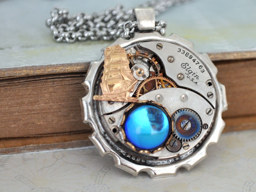 steampunk jewelry necklace JOURNEY Till END Of TIME elgin pocket watch movement necklace in antique silver with surgical steel rolo chain