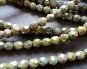 6mm Fire Polished Beads - Grey Green Picasso - Faceted Rounds - Czech Glass Beads