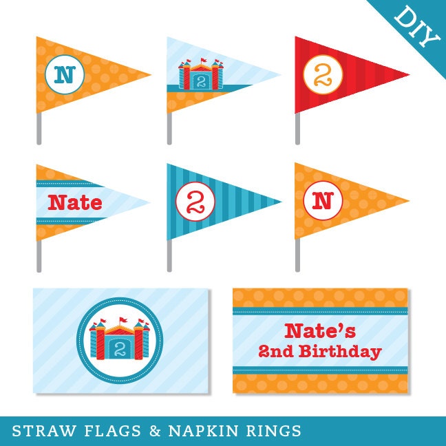 Bounce House party - Personalized DIY printable straw flags and napkin rings