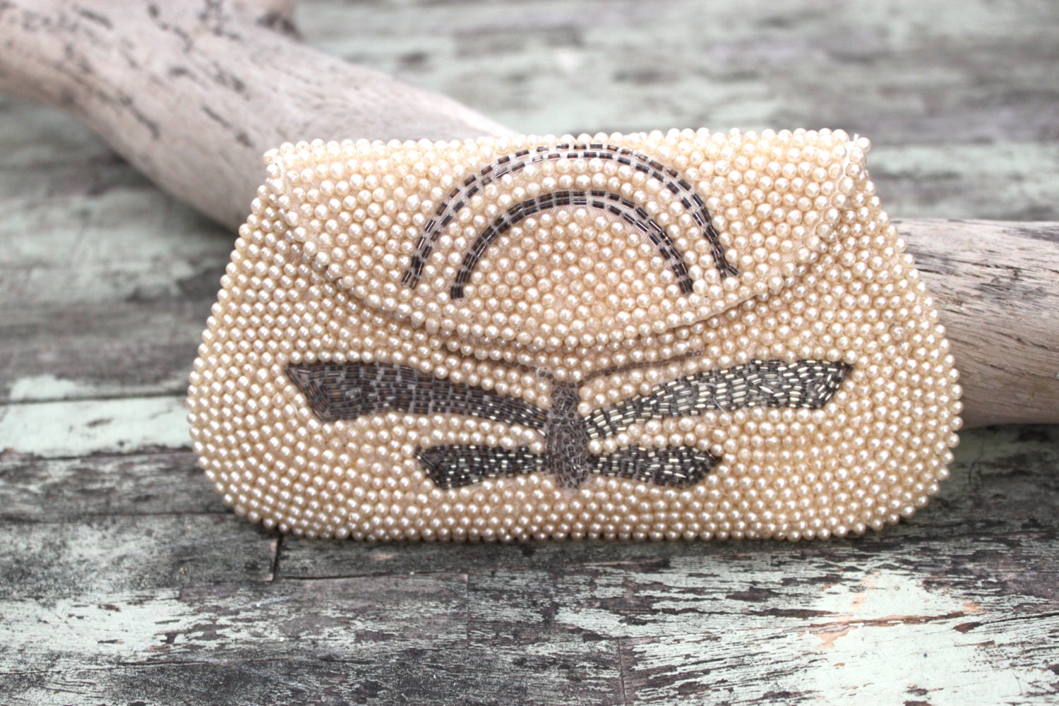 Vintage change purse, beaded dragonfly clutch, wallet, shabby pearl wallet, vintage 70's, 70's era, antique, true rebel clothing