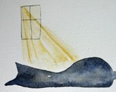 Sunday - original watercolor, dog in sunbeam, simple, black dog relaxing, shape, simple, doberman