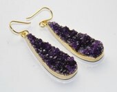 Purple Amethyst Druzy Earrings - Long - Raw Crystal Stone Earrings - Drusy Earrings
