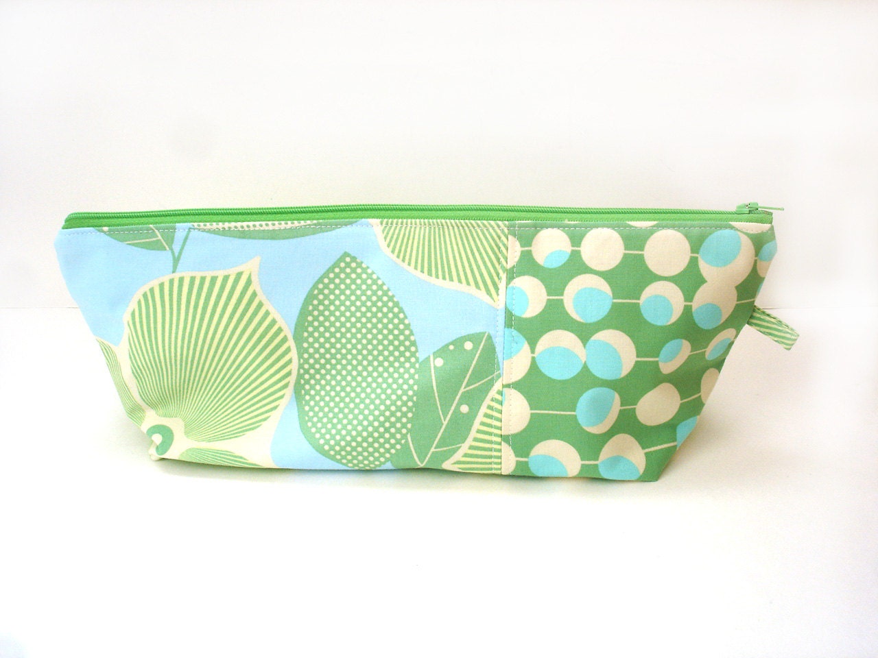 Cosmetics case makeup bag, Amy Butler aqua green blue, zipper top. large