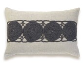 Hand Crochet Panel Lumbar Decorative Pillow Cover 12 x 18 inch Natiral Beige Linen Charcoal Grey Wool