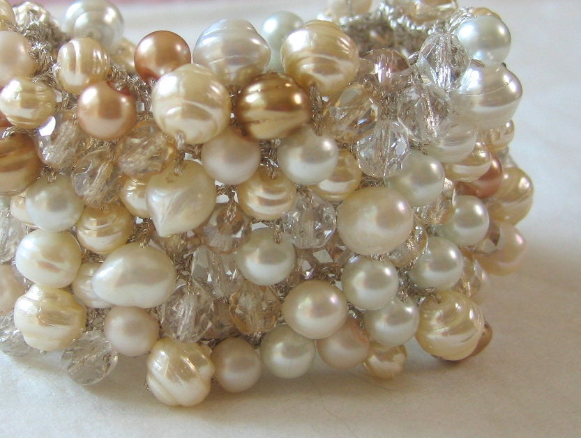 Extra Wide Hand Knit GOLD  ICE Crystal, Freshwater Pearl  Bridal  Statement Cuff  Bracelet - EXCLUSIVE Original by Sereba Designs