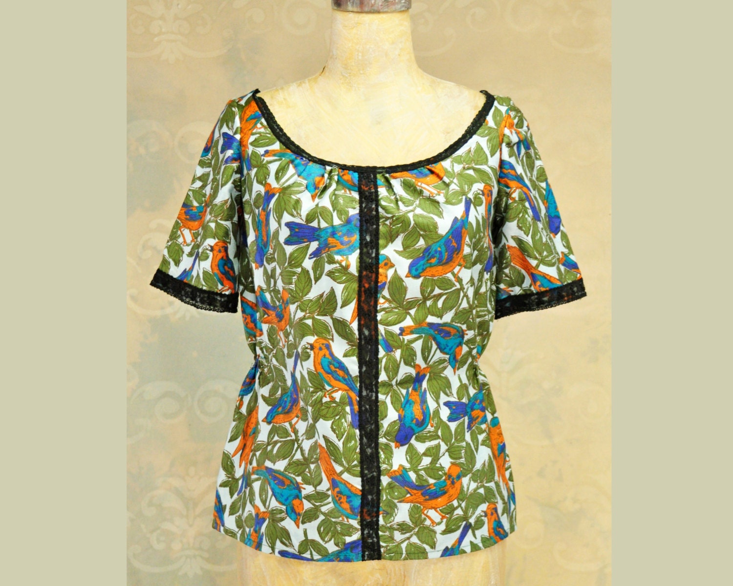 Retro Print Black Lace Blouse, M Blue Birds vintage cotton antique ooak