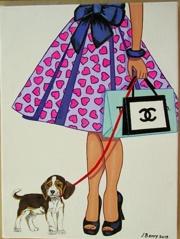 Fashion Girl Woman Lady 1950s dress hearts Chanel Tiffany bag Beagle puppy dog  painting by Julie Barry