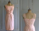 SALE Vintage 1950s Dress 50s Pink Cocktail Semi Formal Embroidered Dress Womens Medium Large