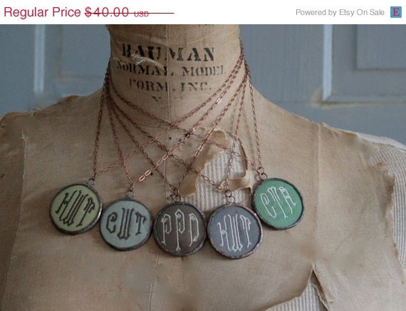 Initial Monogrammed Pendant Necklace Embroidered Initial Pendant Personalized Reversible Vintage Fabric