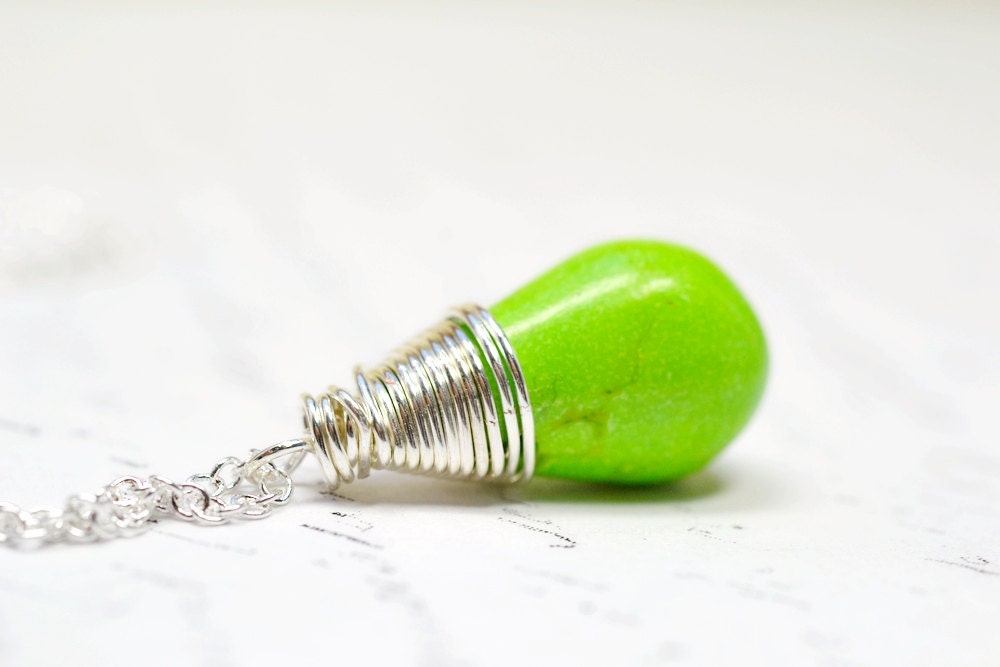 Lime Green Turquoise Necklace, Wire Wrapped Turquoise Pendant, Spring Jewelry, Tropical Lime
