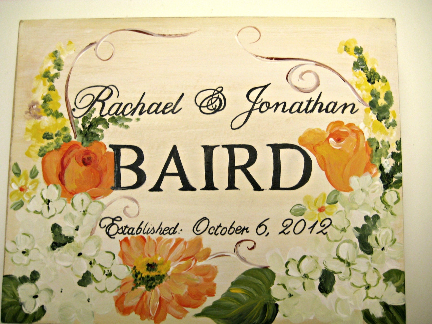 A hand painted wedding keepsake box with autumn colored dahlias and white hydrangeas