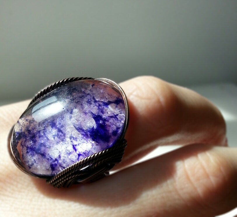 Grape Purple Ring, Clear Quartz Glass, Oxidized Copper, Wire Wrapped, Colorful Unique Ring, Summer Statement, Summer Fashion