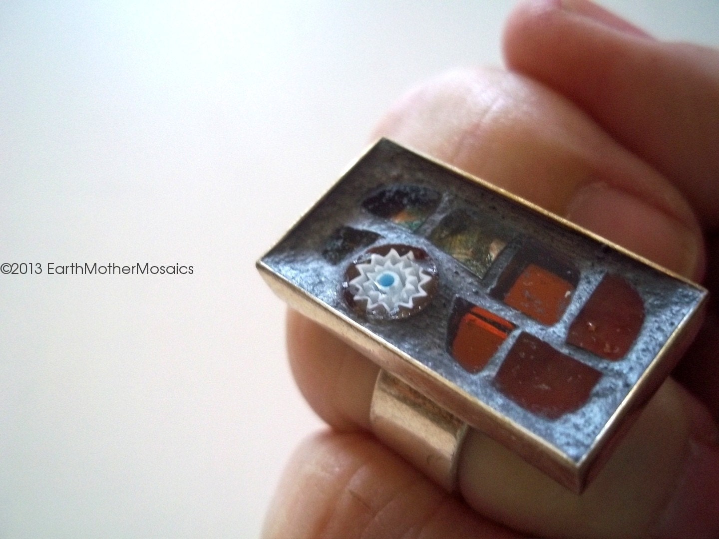 Mosaic Ring: Silver Plated, Stained Glass, Copper, Burnt Orange, Grey