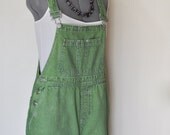 Green Bib OVERALLS  - Hand Dyed Apple Green Gloria Vanderbilt Denim Overall Shorts - Size Small (34" Waist) - DavidsonStudio