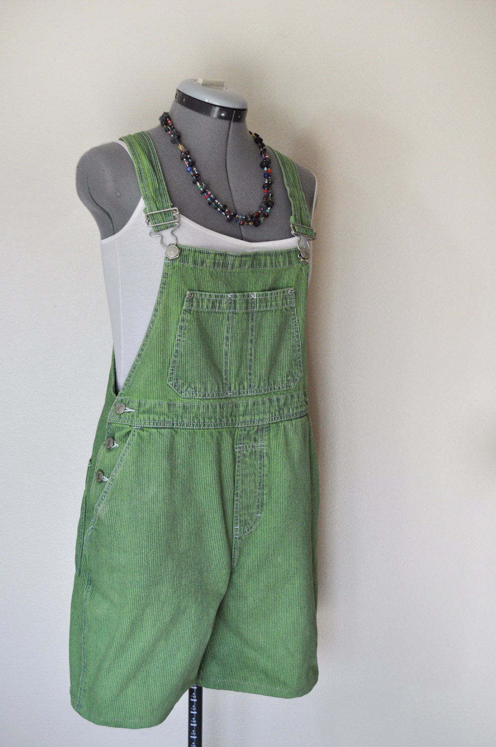 Green Bib OVERALLS  - Hand Dyed Apple Green Gloria Vanderbilt Denim Overall Shorts - Size Small (34" Waist) - DavidsonStudio