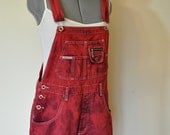 Red Bib OVERALLS  - Hand Dyed Red ReVolt Denim Overall Shorts - Boho Rocker Hipster - Size Juniors Large (36 waist)