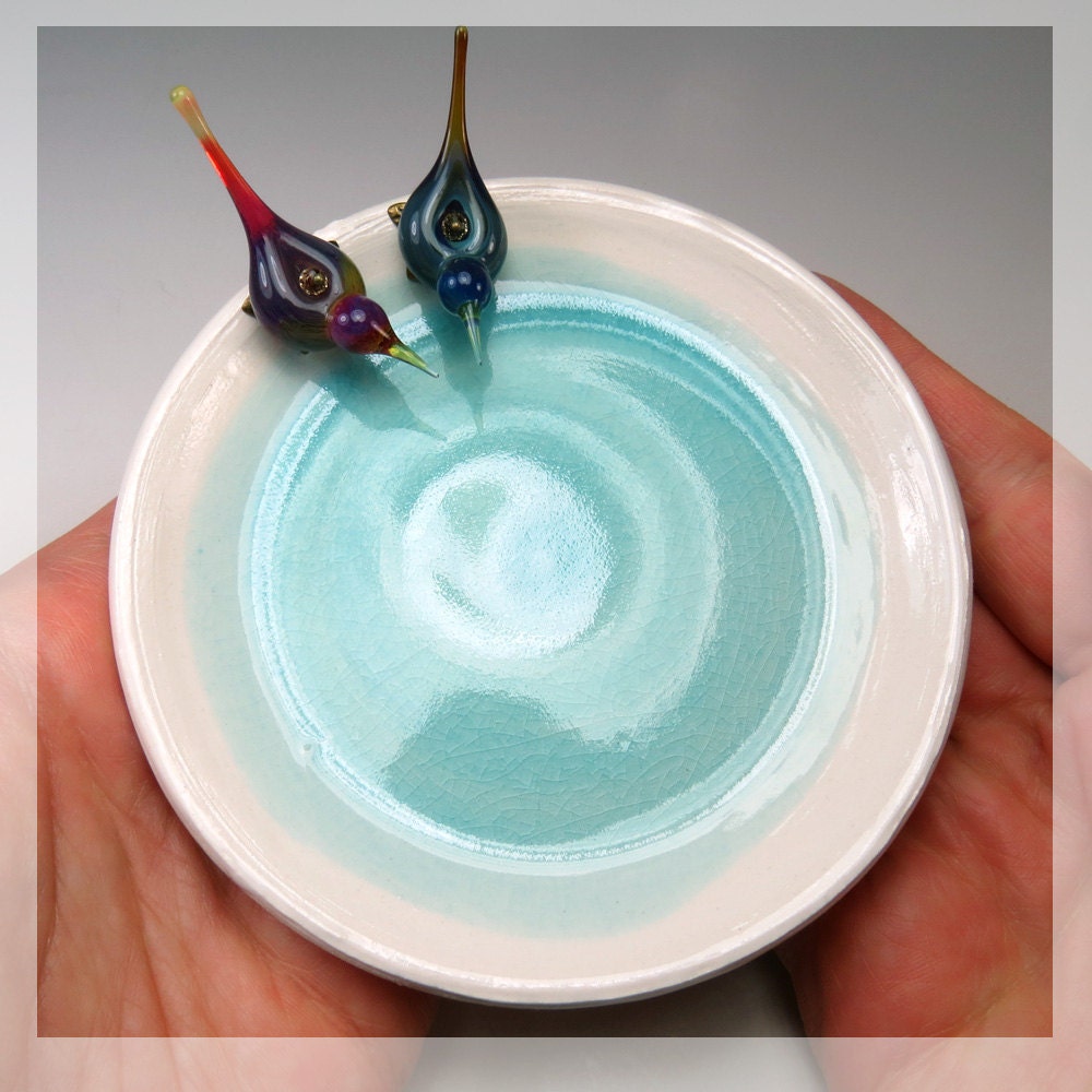Ring dish, Soap holder, Ceramic trinket bowl, Wedding ring plate, Aqua glaze - Fabulous and Peacock