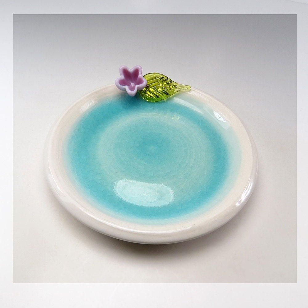Ceramic glass flower trinket plate, aqua pottery soap dish, clay jewelry holder - Bellflower