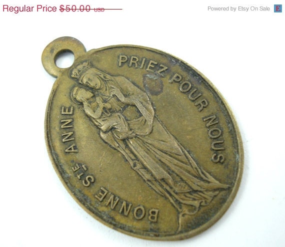 On Sale 25% Off Antique French Sainte Anne de Beaupre Bronze Catholic Medal - Large Scapular Medal - LL50