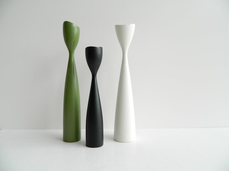 trio of danish modern turned wood candlesticks white green and black - MonkiVintage