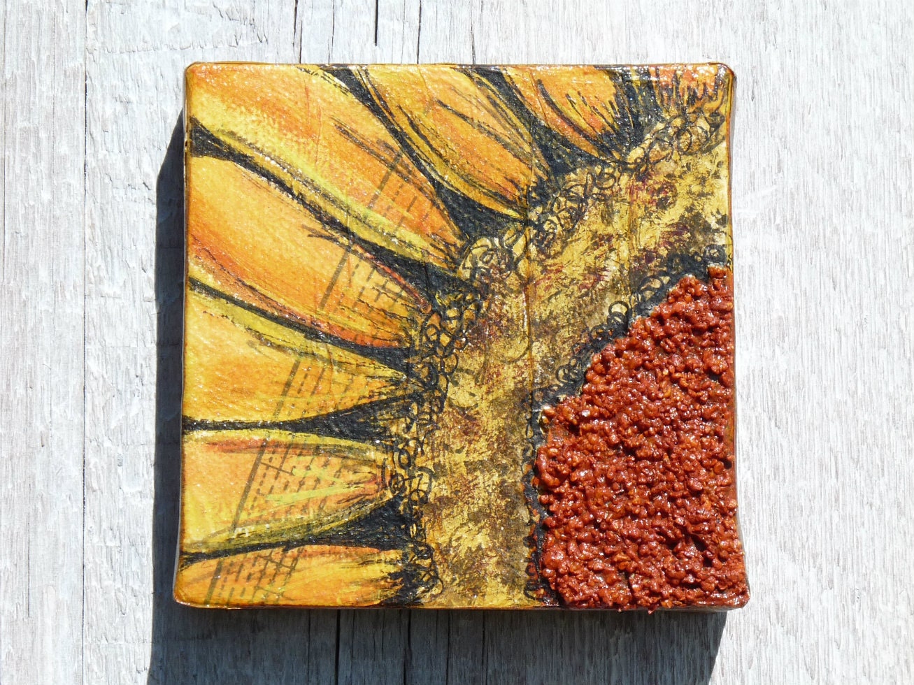 Summer Sunflower mixed media, original, acrylic painting,on canvas, 4x4 Rays, Sunflower, Summer Art, home decor