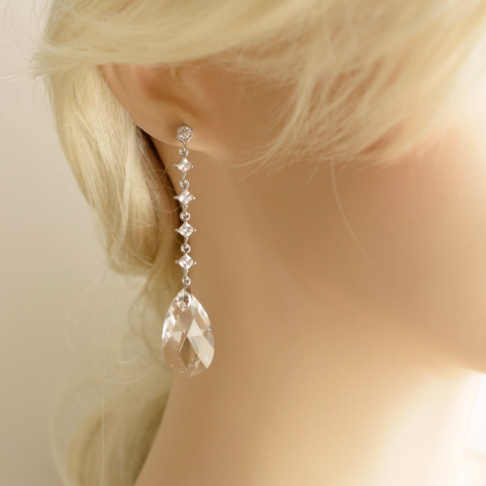 Wedding Earrings Cubic Zirconia Long Bridal Earrings Clear Crystal Teardrops Silver Posts Wedding Jewelry