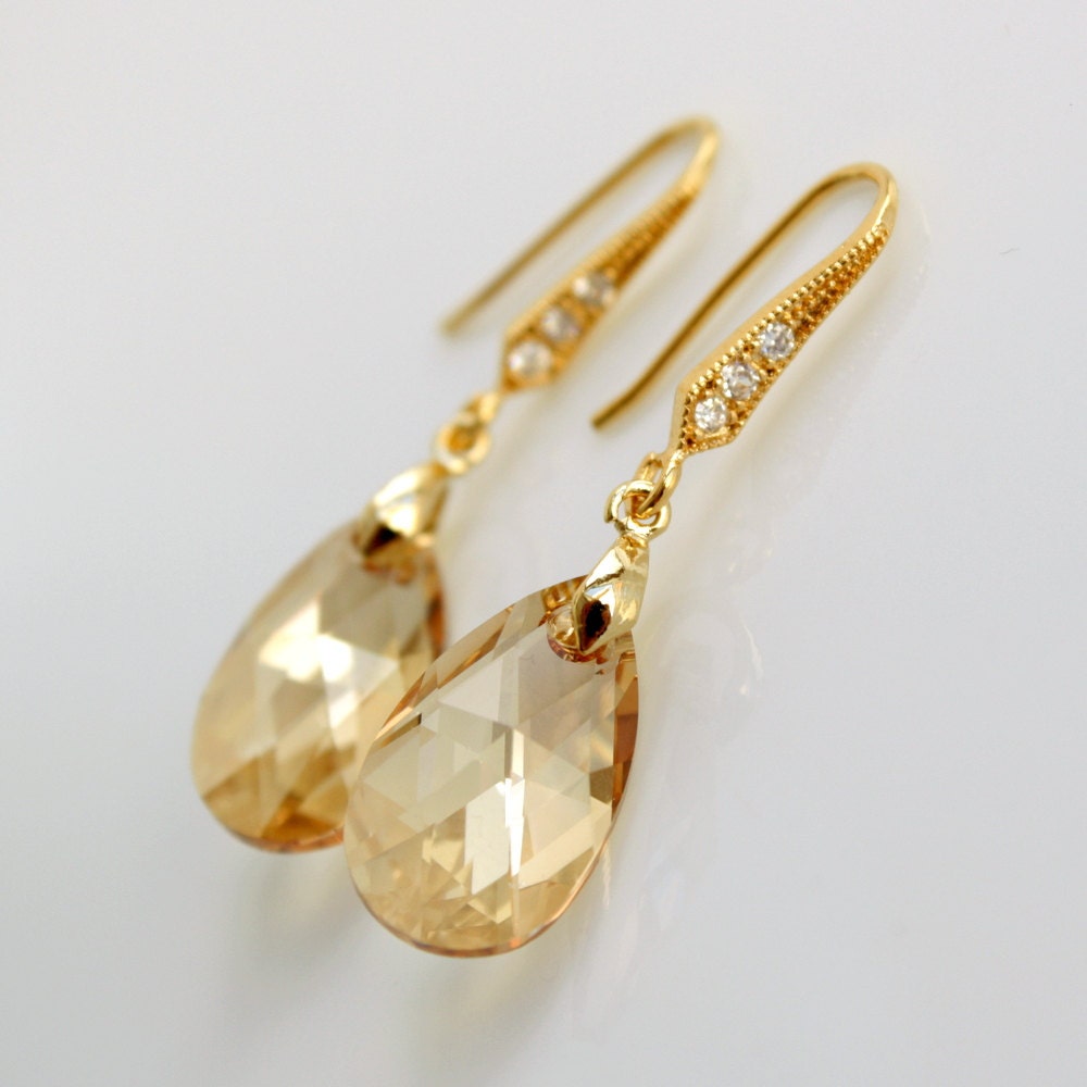 Wedding Jewelry Bridal Earrings Teardrop Cubic Zirconia with Swarovski Golden Shadow Crystal Dangle Earrings Gold Bridesmaid Earrings