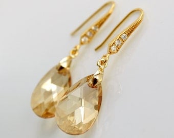 Wedding Jewelry Bridal Earrings Teardrop Cubic Zirconia with Swarovski Golden Shadow Crystal Dangle Earrings Gold Bridesmaid Earrings