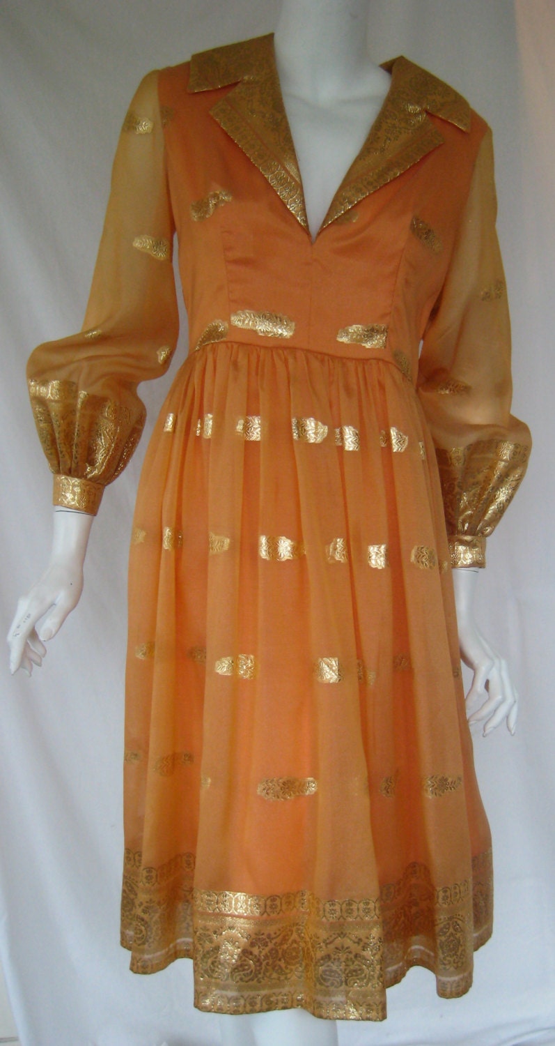 vtg OSCAR DE la RENTA silk organza gold lame 1960s mad men nip waist cocktail dress