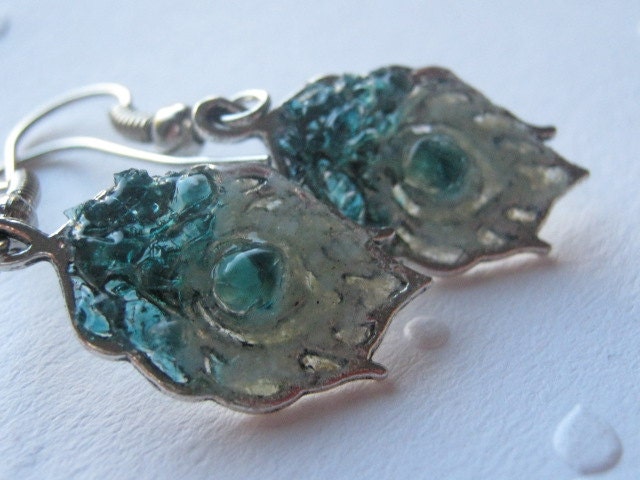 Frosted Glass Earrings, Molten Glass Earrings, Frosted Earrings, Peacock Feather Earrings