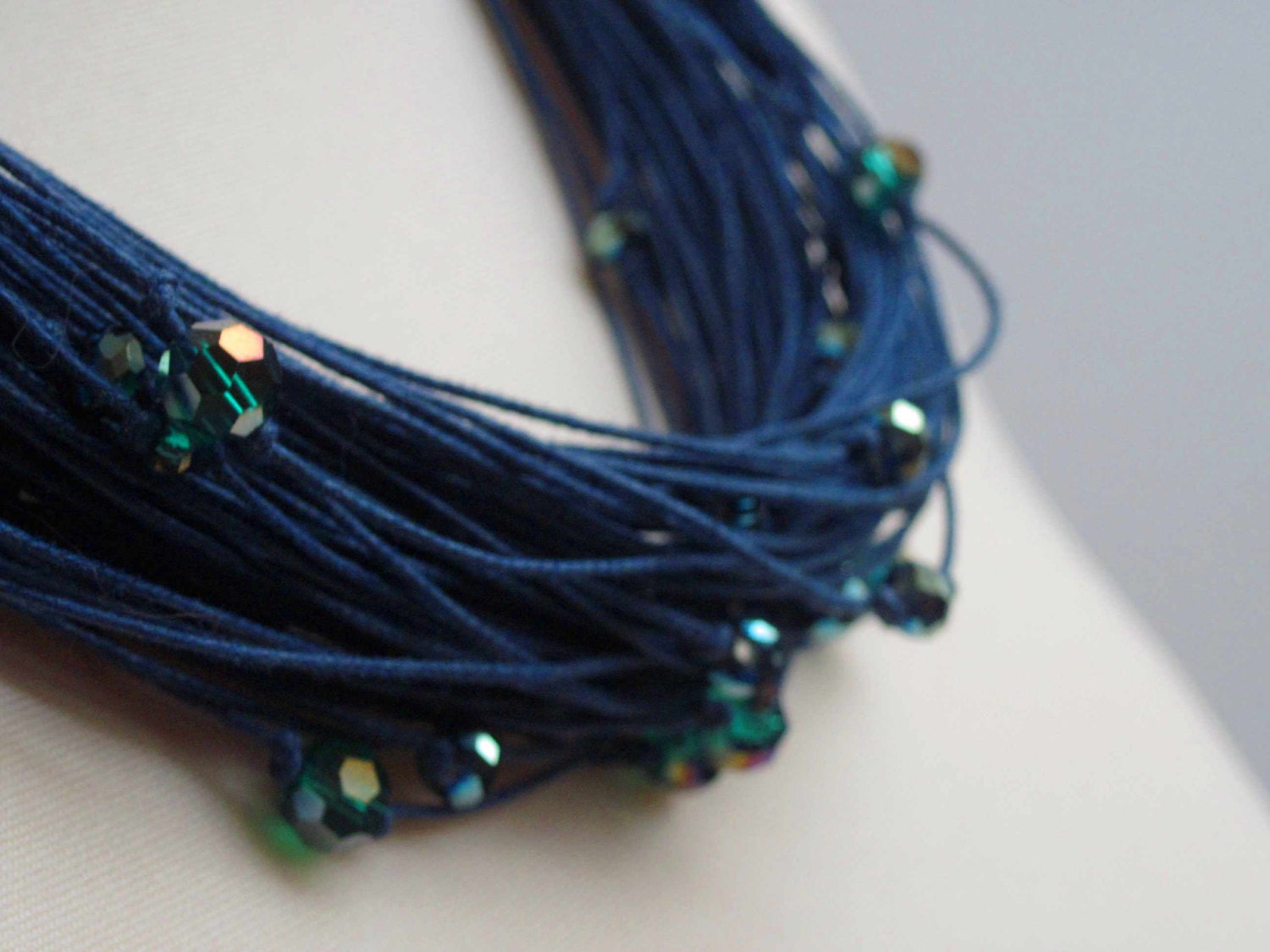 Multistrand Fiber Necklace Navy Blue Linen Sparkling Glass Eco Friendly Organic Jewelry Nautical Linen Monaco Gift for Her Cobalt - DreamsFactory