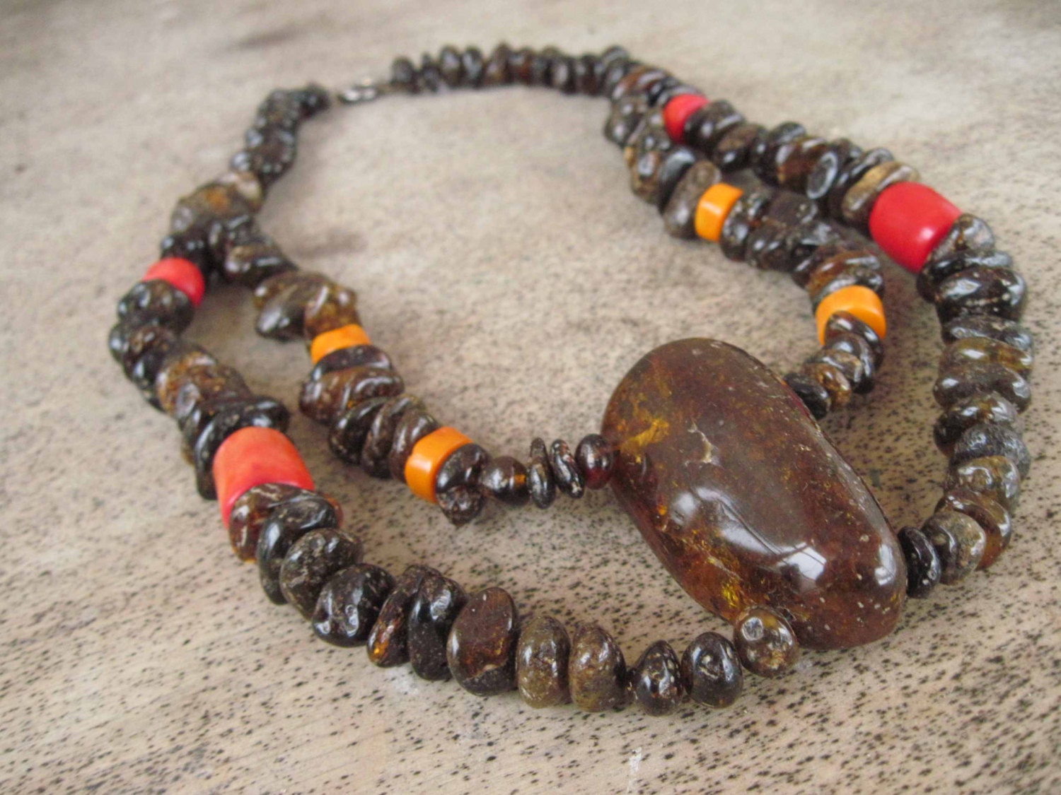 Amber Coral Bib Necklace Red Orange Chunky Ethnic Style Jewelry Natural Raw Gemstone Huge Big Large Black Dark Unpolished  African Tribal