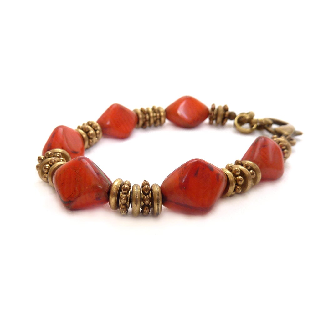Chunky Orange Bracelet, Picasso Glass Beads, Mixed Metal Bracelet, Colorful Jewelry, Bohemian Bracelet