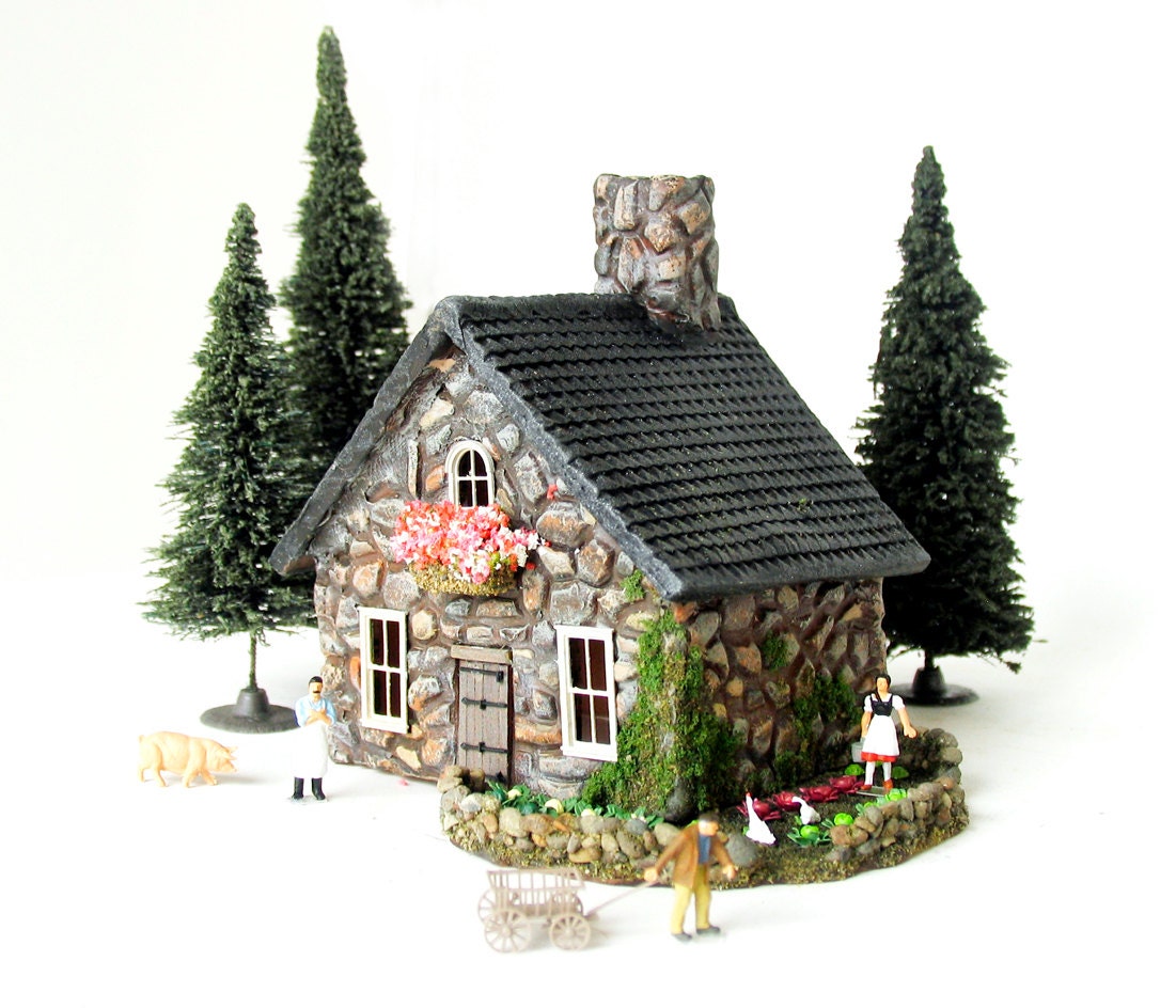 The Medieval Village -  Handcrafted Stone Farmhouse with Vegetable Garden - Miniature Building in HO Scale by Bewilder and Pine